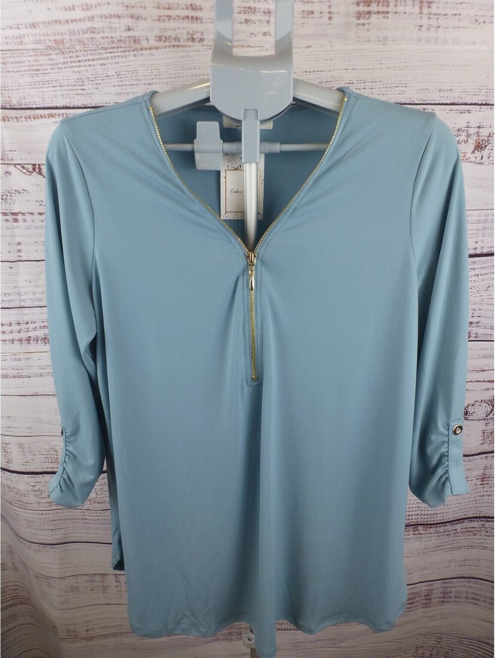 ZENANA Women's Light Blue Quarter Zip Roll-Tab Sleeve Tunic Top Blouse Size L K3